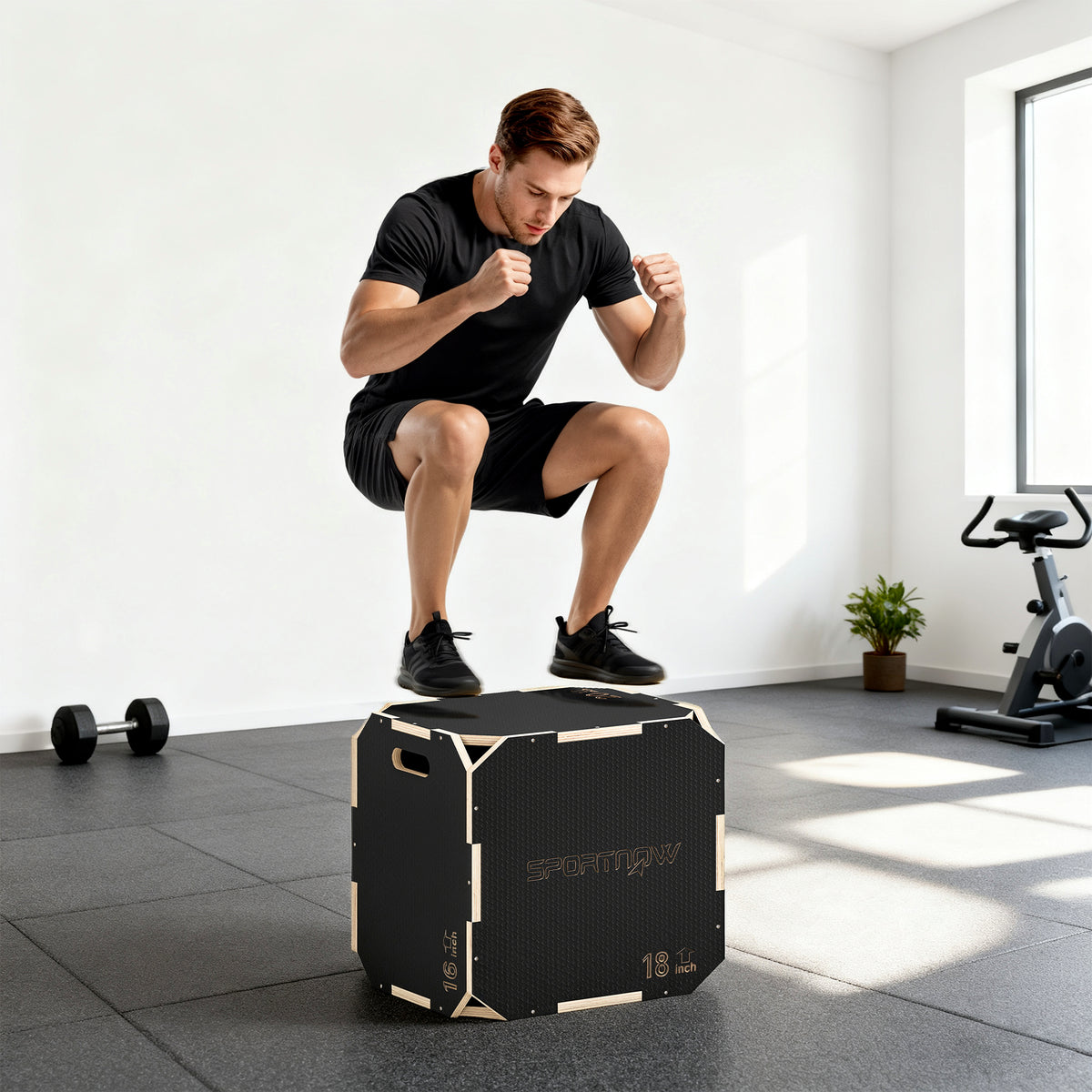 Plyometric box, rounded corners, plywood, height-adjustable, side handles, black (2)