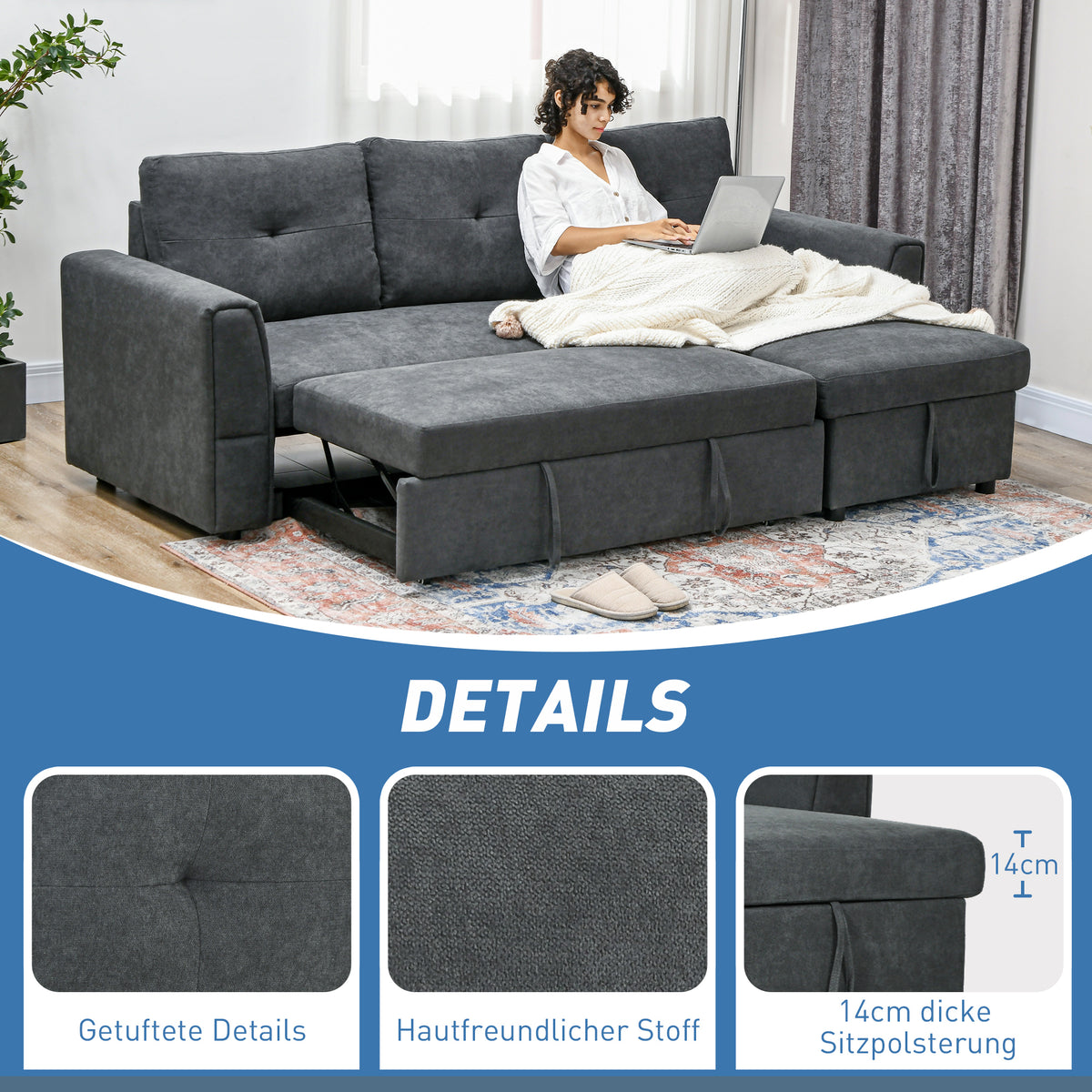 3-seater sofa with bed function, sofa bed with chaise longue, upholstered sofa, dark grey (6)