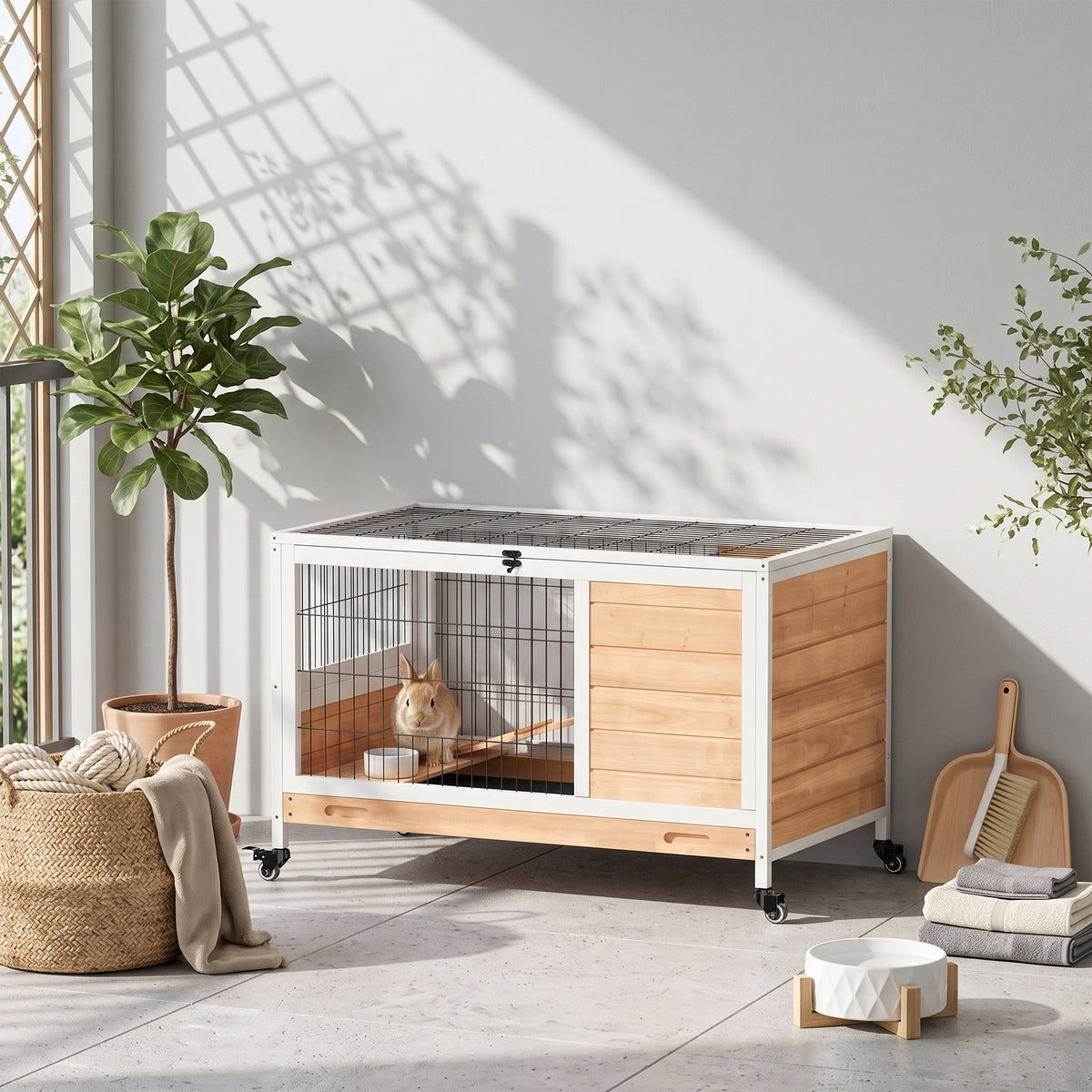 Wooden rabbit hutch rabbit cage with 2 levels, hinged roof, wheels, two entrances, ramp, and pull-out tray (2)