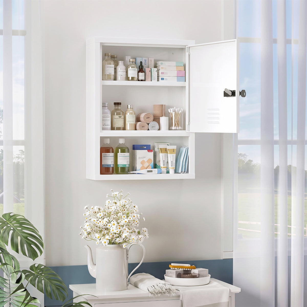 Wall-mounted medicine cabinet with combination lock and key, 3-tier, lockable, white (2)