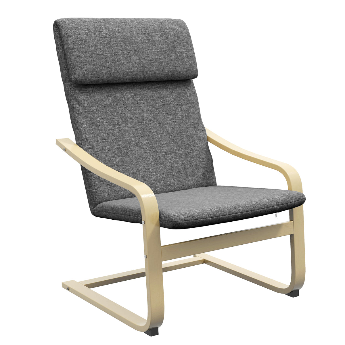 Armchair with headrest and armrests, linen-look upholstery, wooden frame, grey + natural