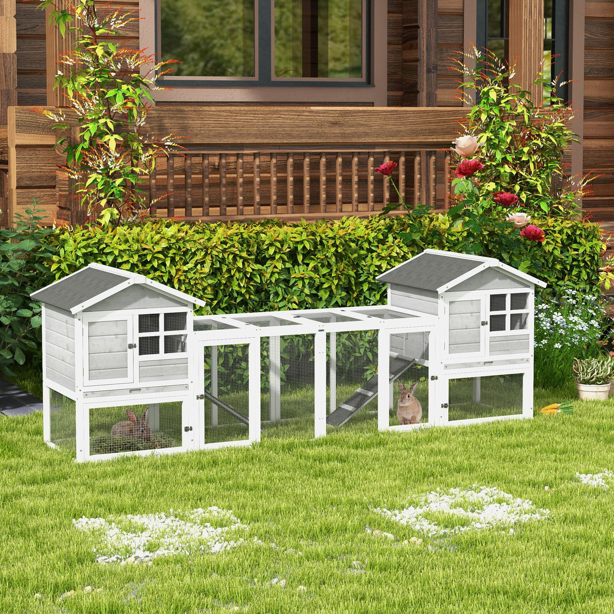 Small animal hutch, rabbit hutch, outdoor enclosure, hutch, ramp, pull-out trays, white + grey (2)