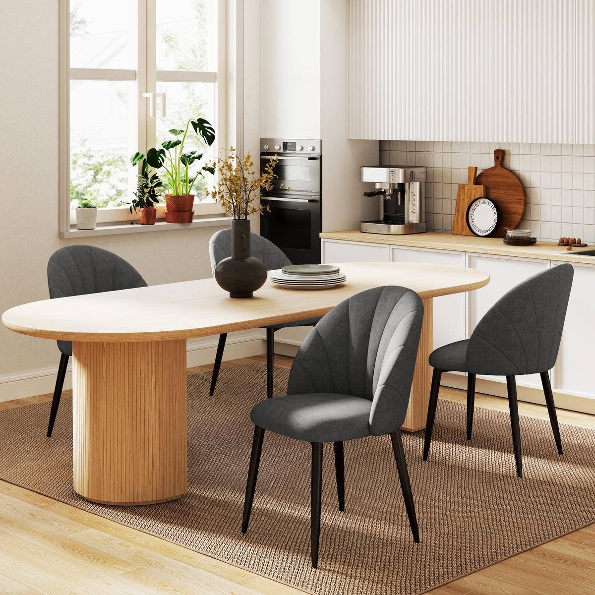 Set of 4 dining chairs, kitchen chairs in velvet look, steel legs, armless, grey (2)