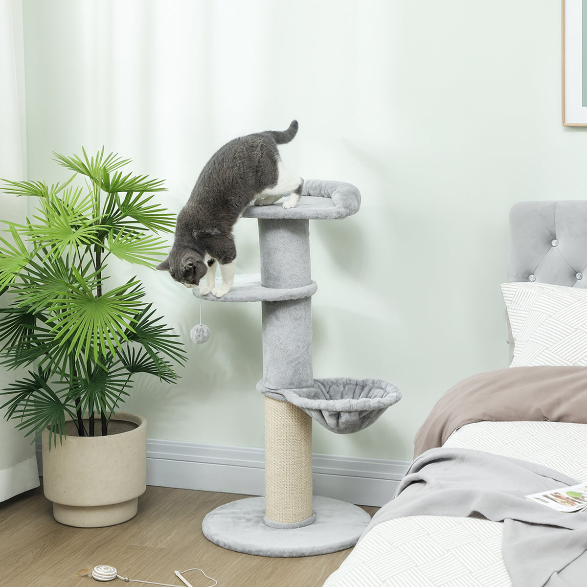 Cat scratching tree, sisal posts, multi-level, plush fabric, hanging ball, light gray (2)