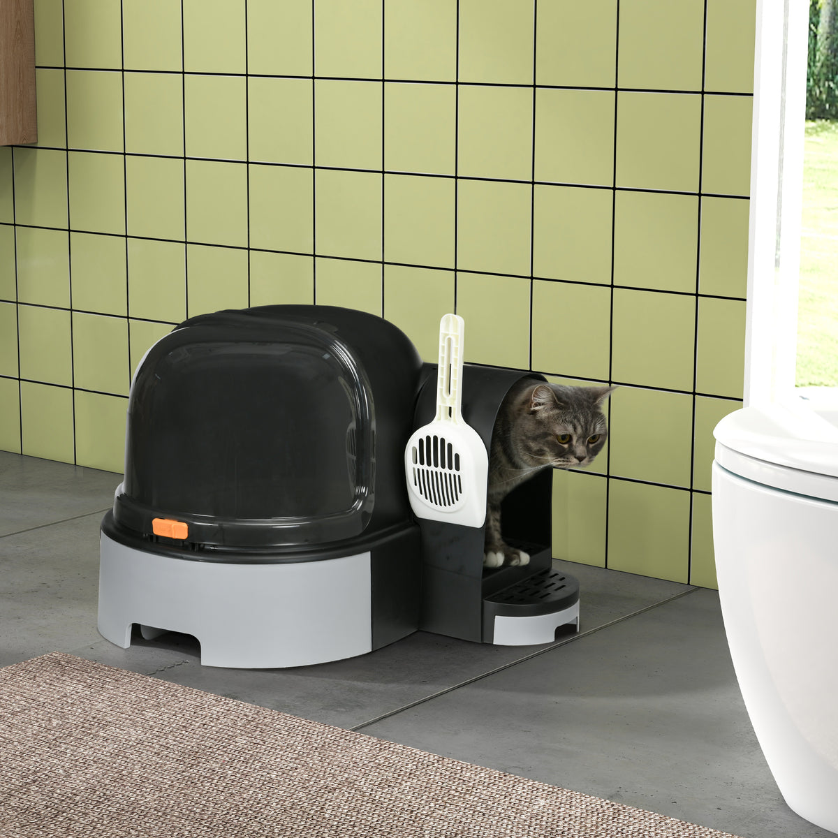 Cat litter box, 2 pull-out trays, 1 scoop, litter collection compartment, gray + black (2)