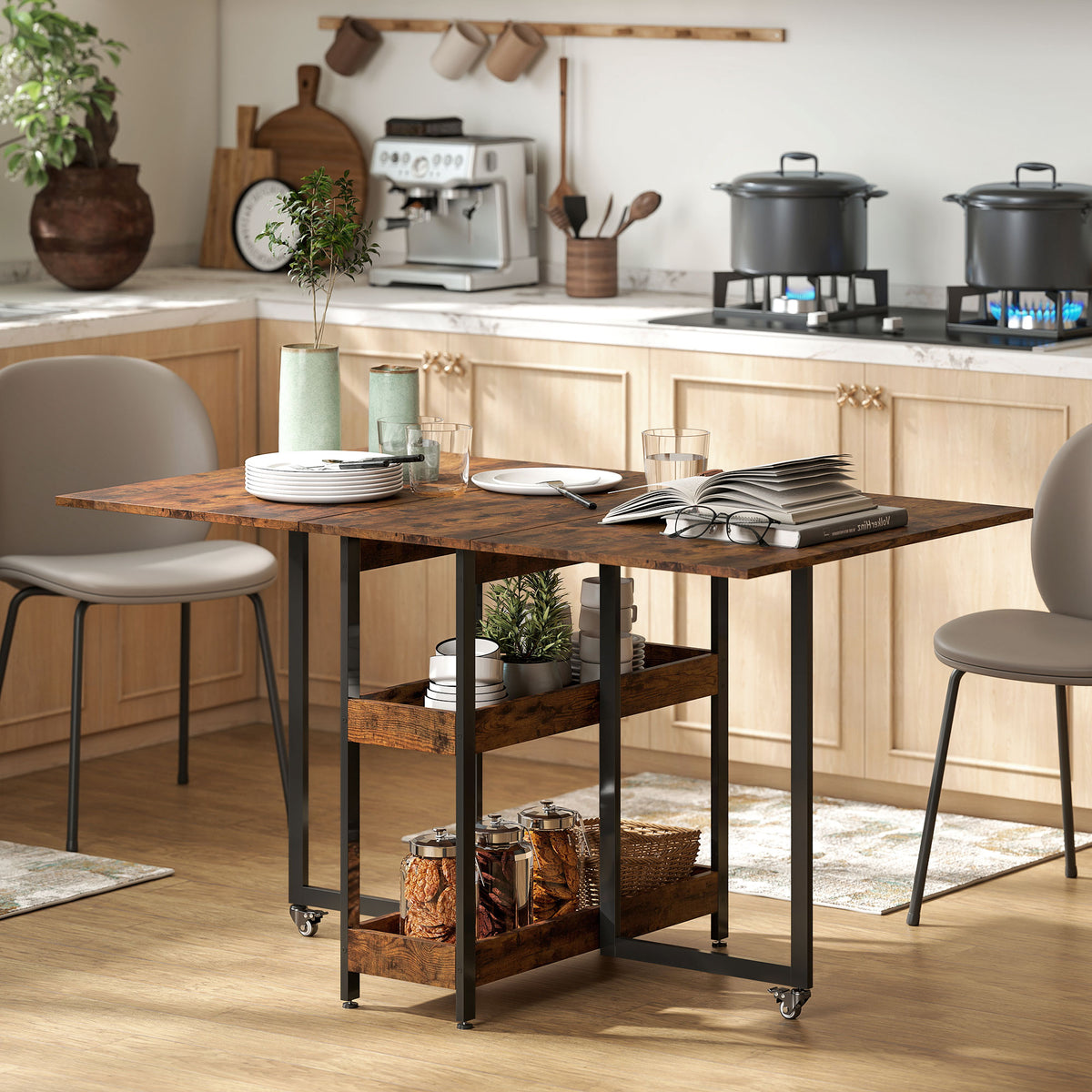 Foldable dining table in industrial design, for up to 4 people, open shelves, flexible, metal, chipboard, brown (2)