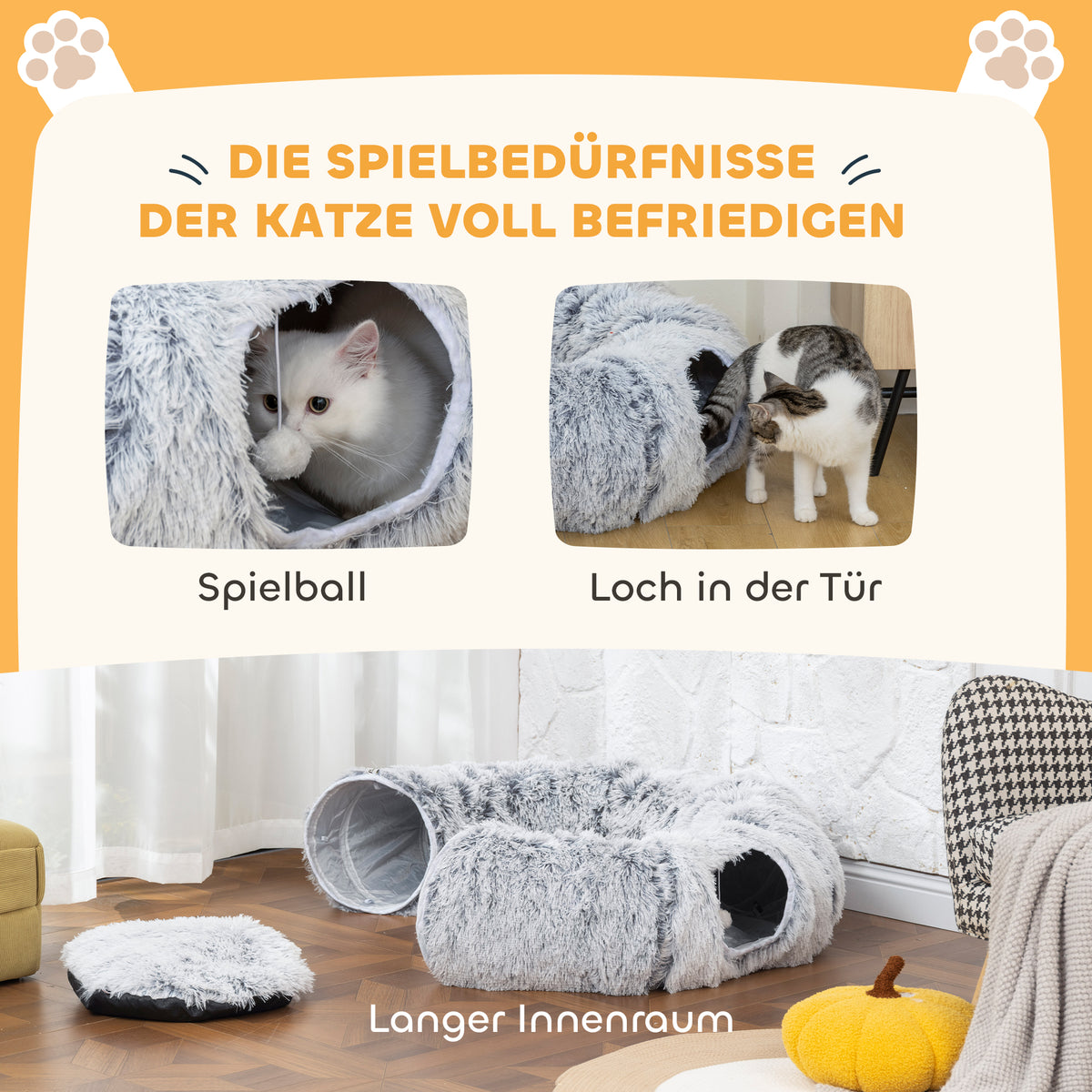 Cat tunnel, plush fabric, cushion, foldable, metal frame, cat cave, light gray (6)