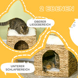Cat cave made of water hyacinth grass, 2 lying areas, 2 washable cushions, natural + white (5)