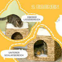 Cat cave made of water hyacinth grass, 2 lying areas, 2 washable cushions, natural + white (5)