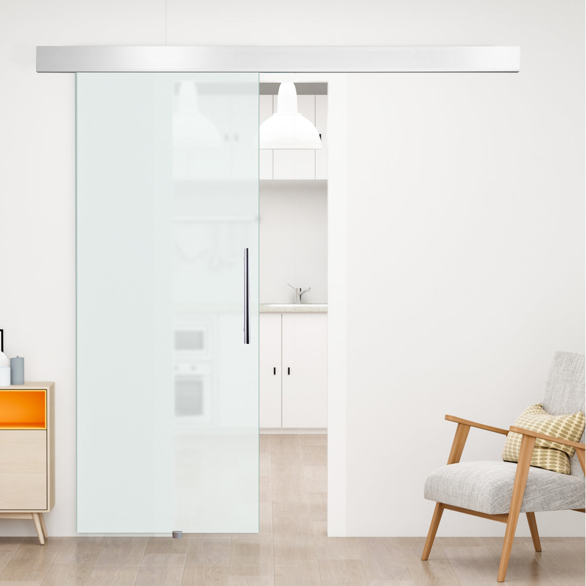 Glass sliding door with pull handle, satin-finished on one side, 90 x 205 cm (2)
