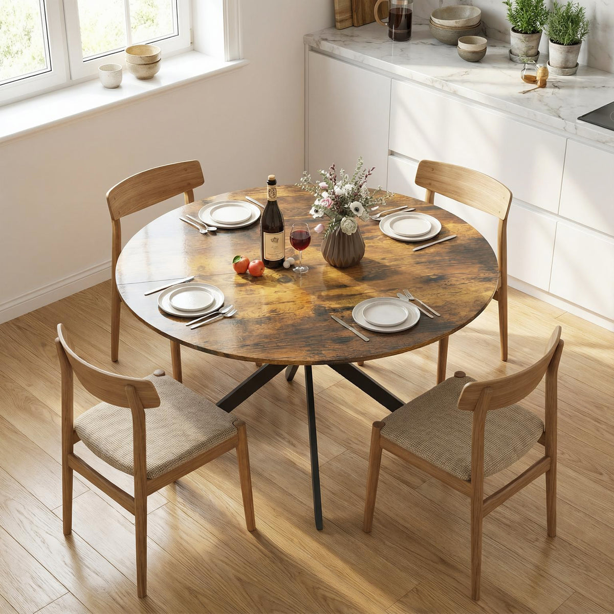Round dining table for 4 people, industrial-style kitchen table with steel legs, for dining room, kitchen (2)