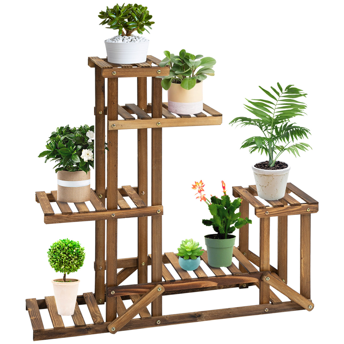 Flower Stand Plant Shelf 6 Tiers Four-Level Flower Rack Flower Stairs Flower Ladder Solid Wood Carbonized 98 x