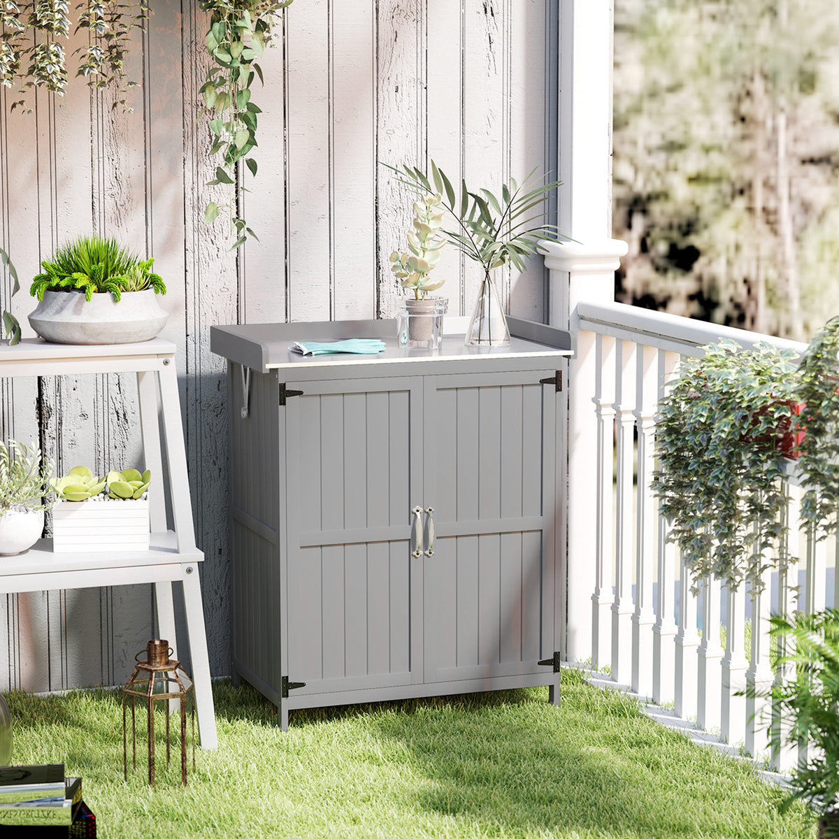 Garden cabinet, outdoor tool cabinet, with work surface, wood and stainless steel, double doors, grey (2)