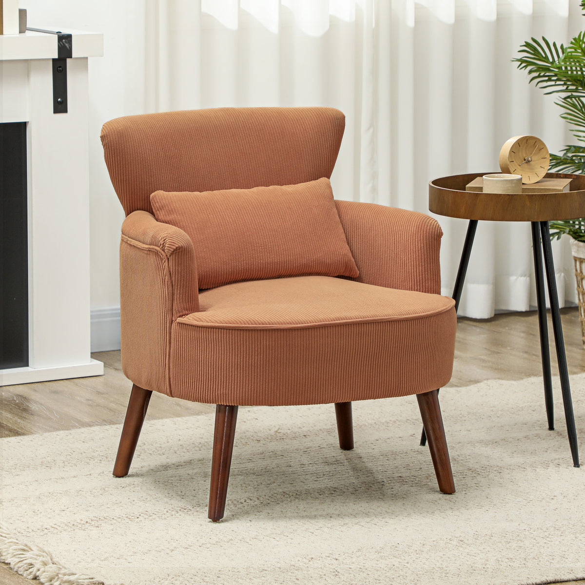 Modern armchair, upholstered accent chair with lumbar pillow, rubberwood legs, orange (2)