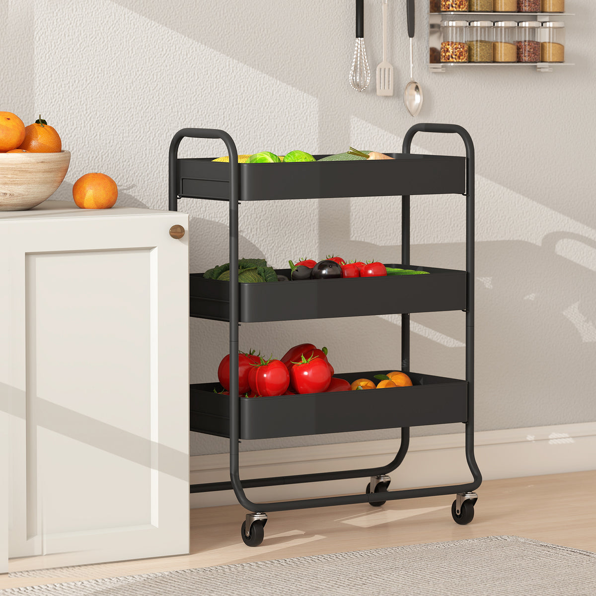 Kitchen trolley, 3 baskets, 4 castors, metal, black (7)