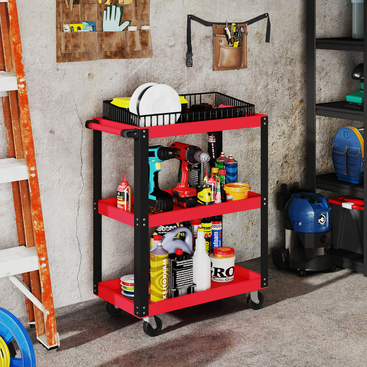 3-tier tool cart, metal frame, 120 kg load capacity, castors, handle, red (2)