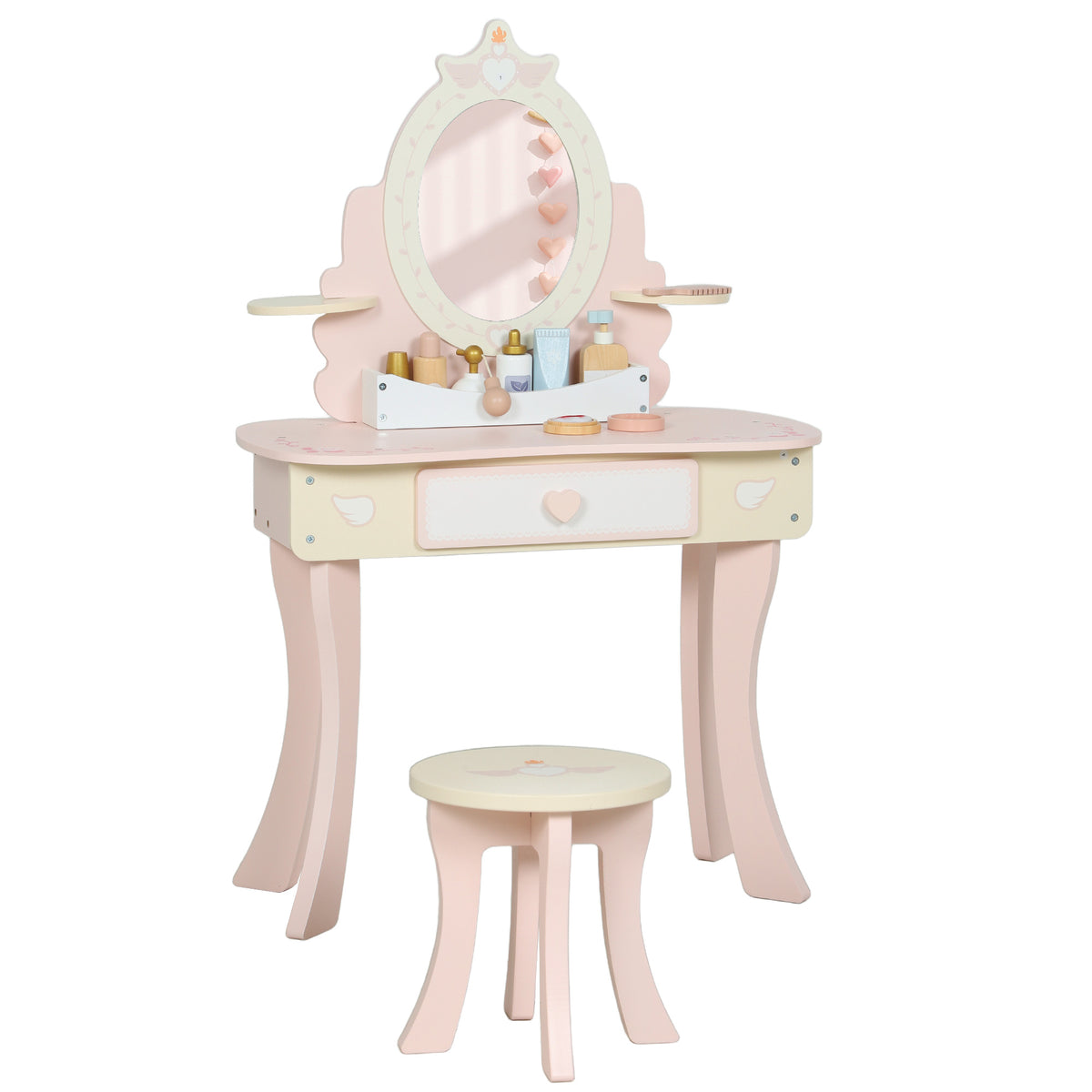 Children's dressing table, chair, drawer, detachable mirror, children's desk with 7 accessories, 2-in-1 design