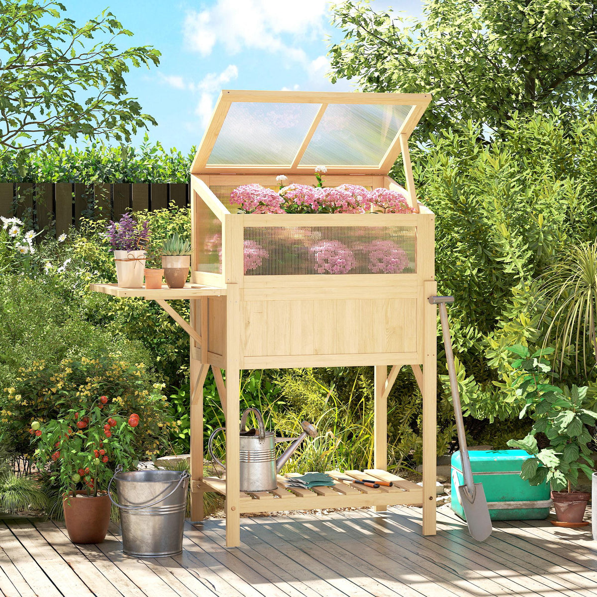 Raised garden bed with wooden cold frame attachment, planter box with greenhouse, foldable, side table, storage (2)