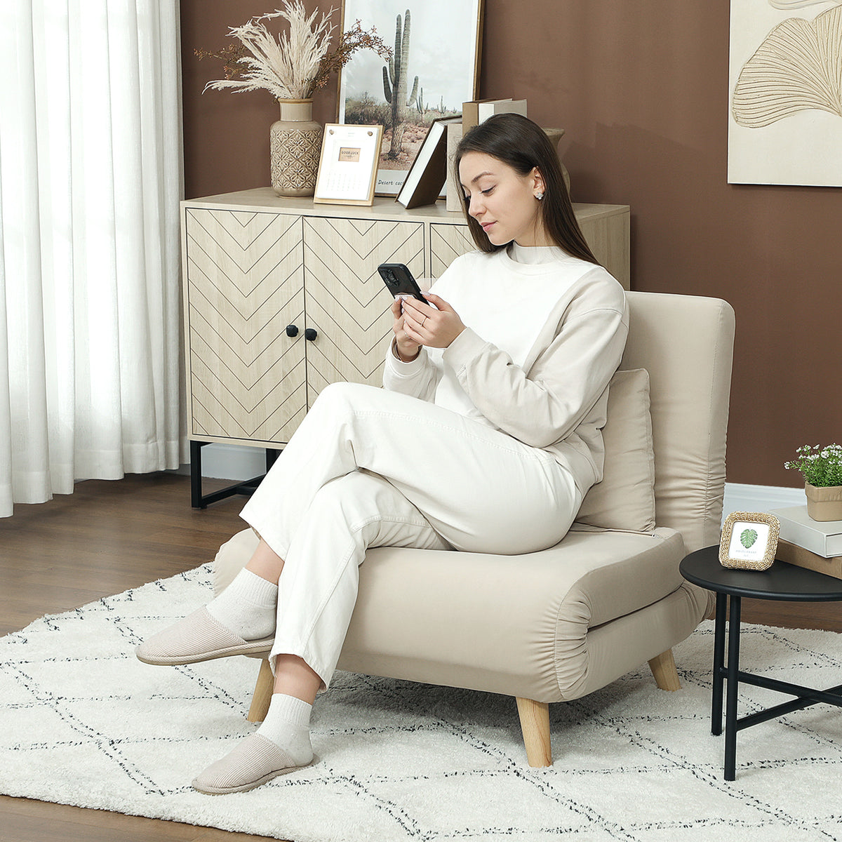 Folding armchair with bed function, foldable recliner in velvet look, adjustable backrest, load capacity up to (2)