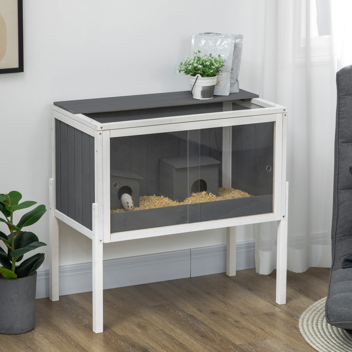 Hamster cage, 3000 cm² dwarf hamster cage made of wood and metal, with 2 huts, acrylic sliding doors, sturdy (2)
