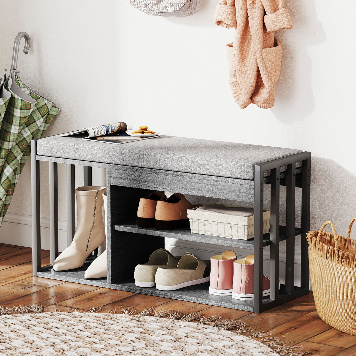 Shoe rack with bench, hallway shoe storage, 3-tier shoe cabinet, for hallway, entryway, living room, bedroom (2)