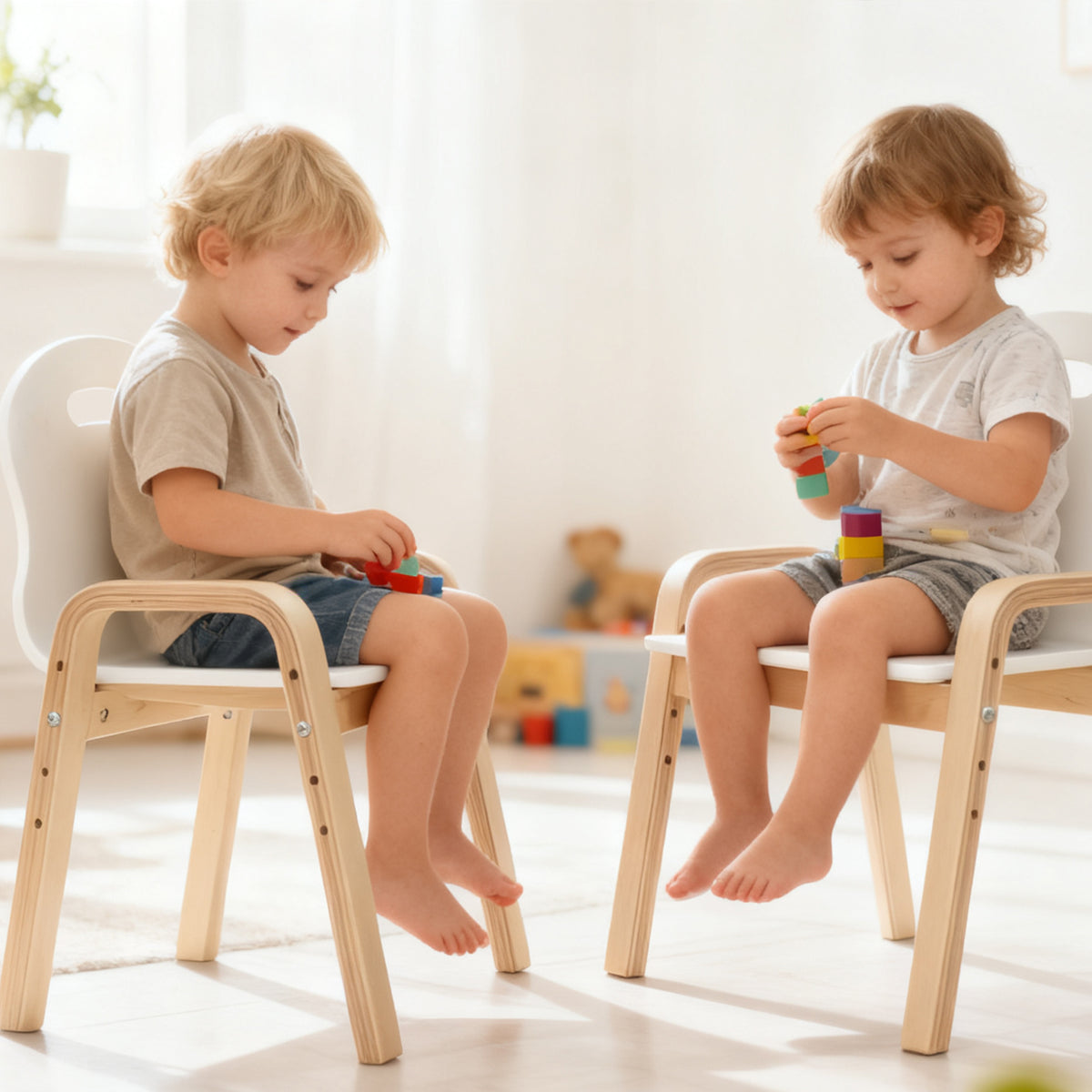 Wooden chair set for children, non-slip foot pads, 3-9 years, height-adjustable, white (2)