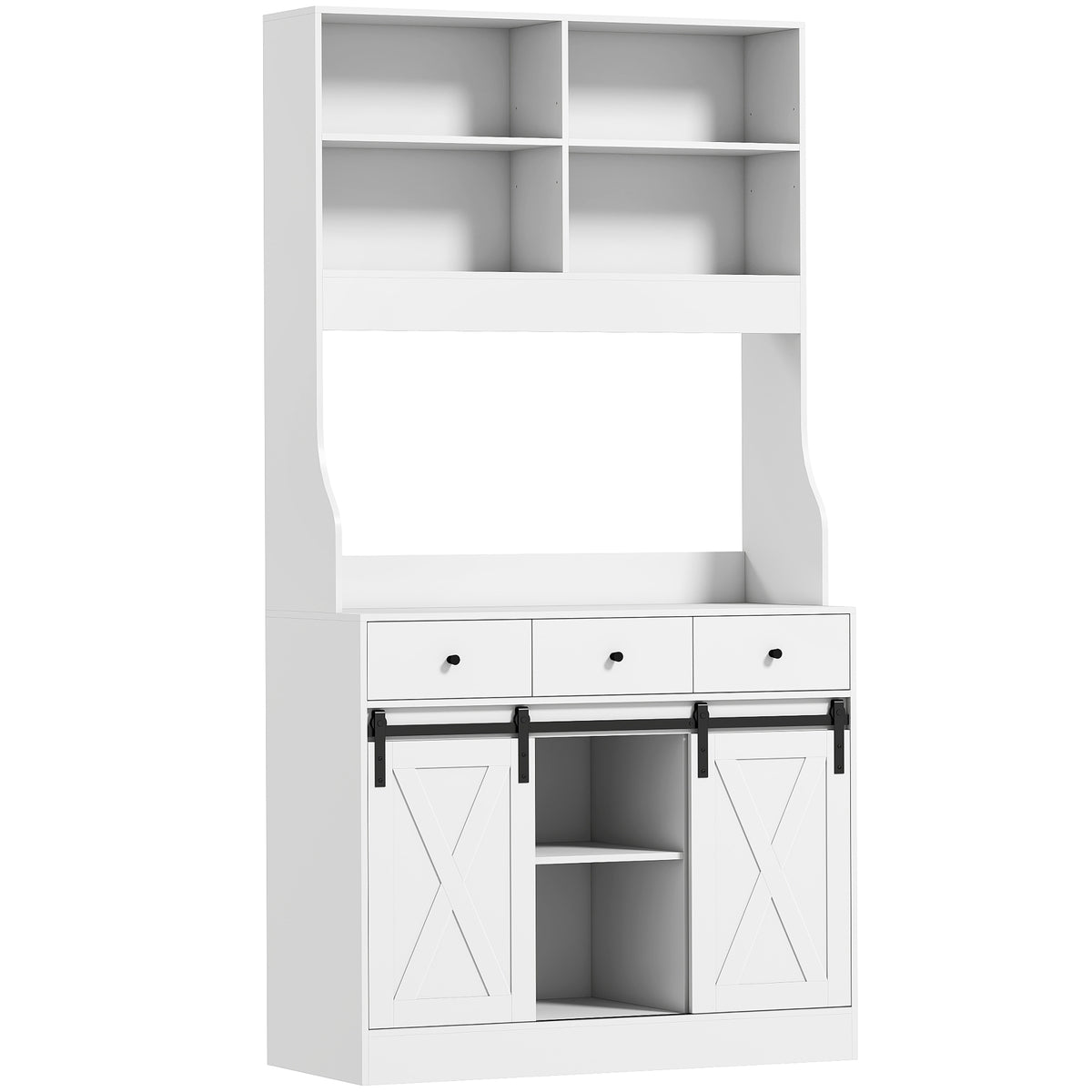 Kitchen cabinet with shelves, cupboards, drawers, and countertop, farmhouse flair, adjustable shelves, wood