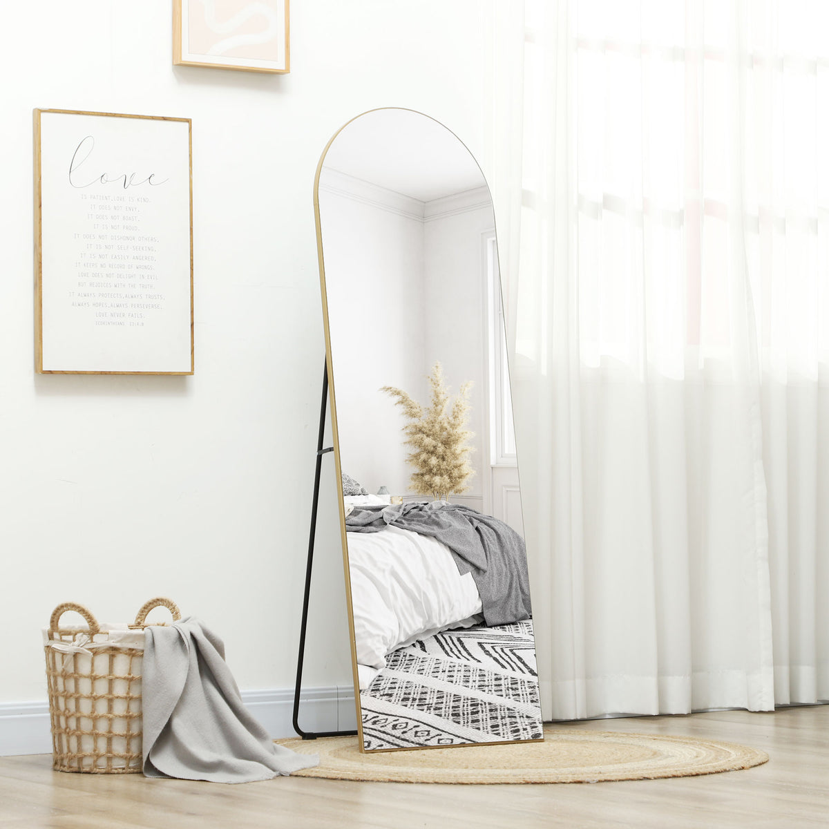 Full-length mirror, frameless, freestanding/wall-mounted, metal stand, 50x150 cm, gold (2)
