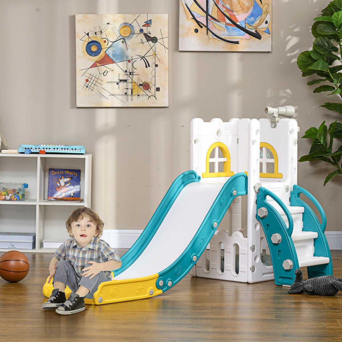 Children's slide, 5-in-1, toddler slide with basketball hoop, telescopic climbing frame yellow 70 x 177 x 92 cm (2)