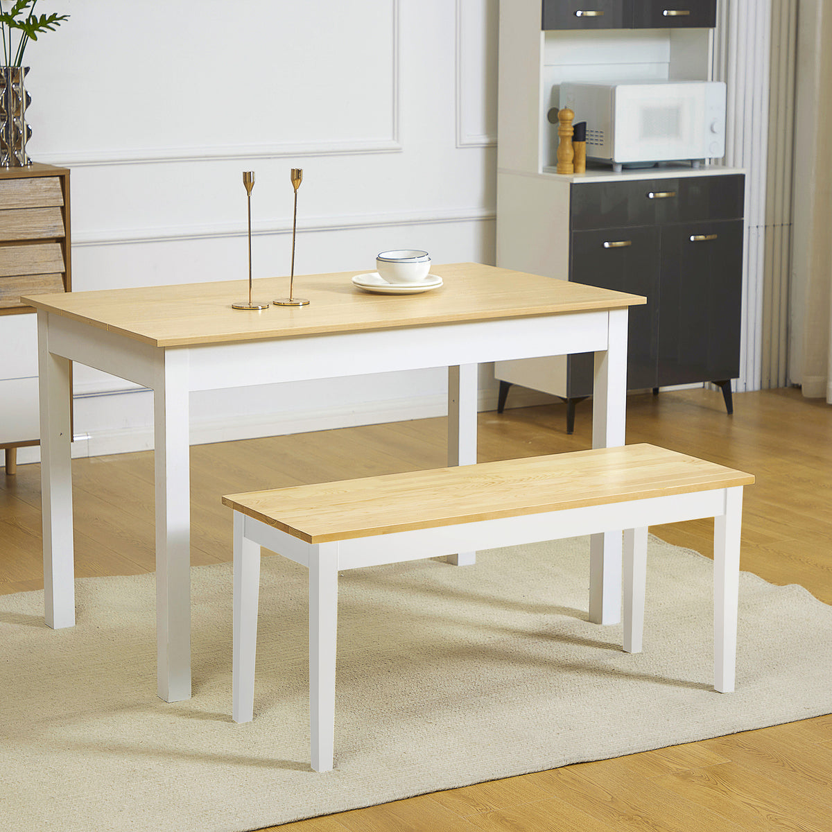 Bench, wooden bench, 2-seater bench, solid wood, lacquered, natural + white (2)