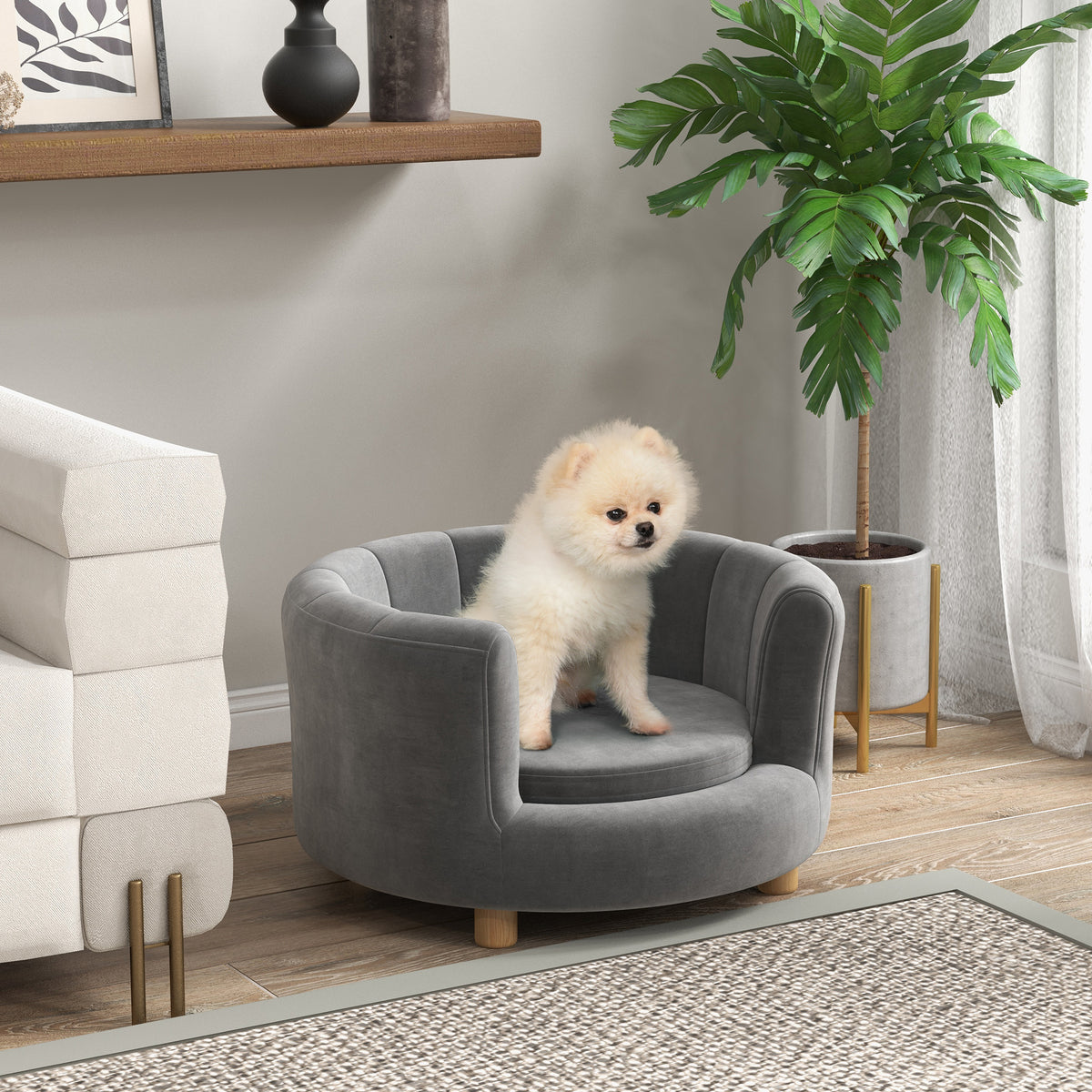 Pet bed for dogs and cats, wooden legs, elevated, flannel cover, removable cushion, gray (2)