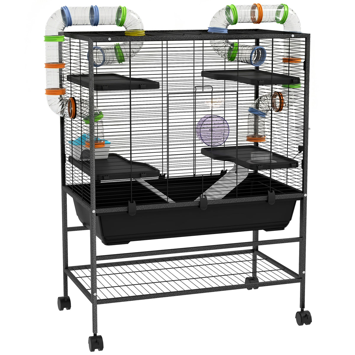 Hamster cage with tubes, exercise wheel, small house, water dispenser, storage shelf, black