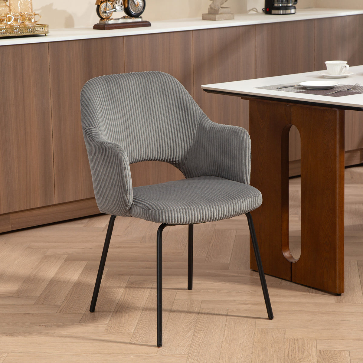Dining chair, corduroy cover, shell shape, metal legs, floor protectors, grey (2)