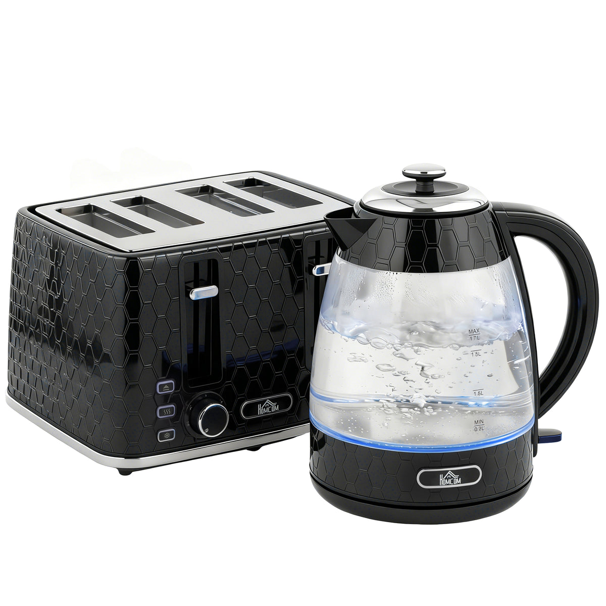 1.7L 2200W Rapid Boil Kettle and 4-Slice Toaster Set with Lime Scale Filter, Black