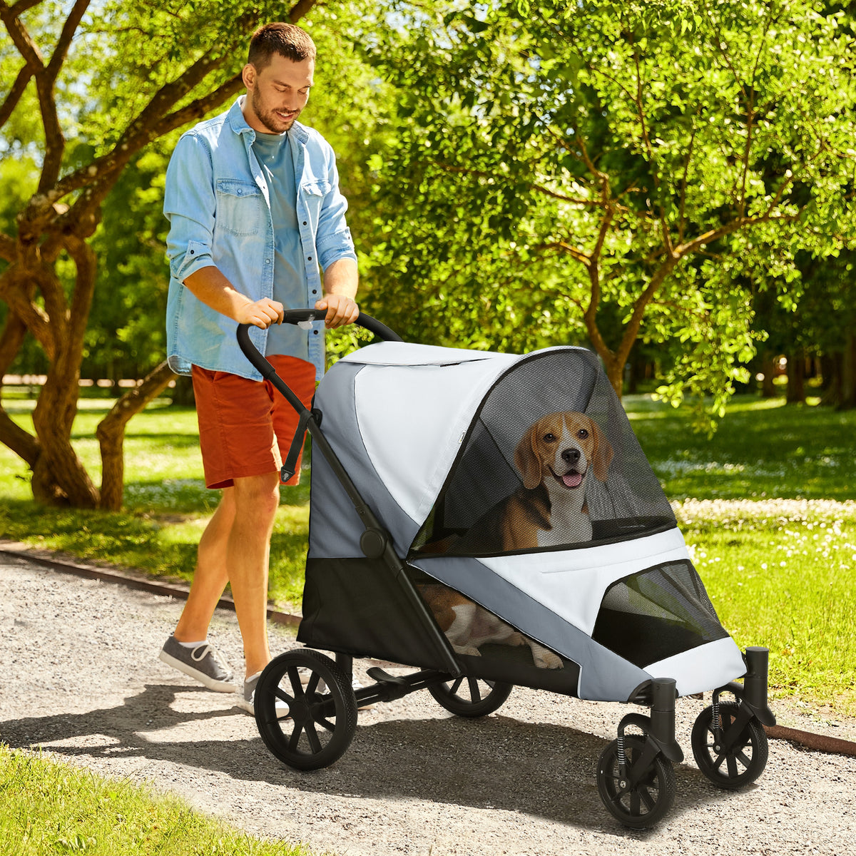Dog stroller, foldable pet buggy for medium-sized dogs, 4-wheel pet stroller with safety leashes, brakes, grey (2)
