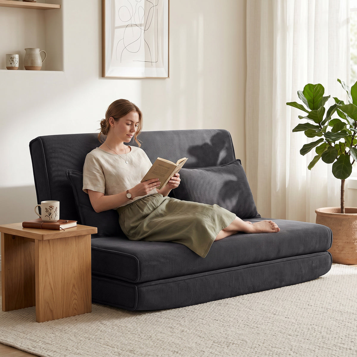 Floor chair with backrest, corduroy folding sofa as guest bed, adjustable backrest, wide seat, dark grey (2)