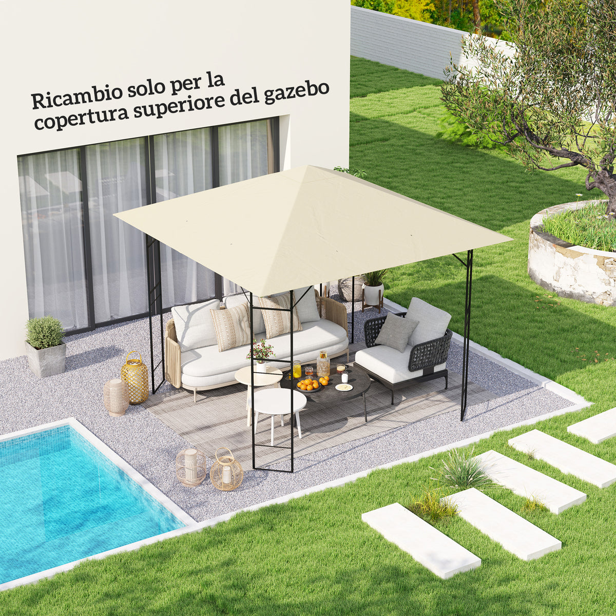 Garden pavilion roof 3x3 m with 8 drainage holes, made of 600D Oxford fabric, cream white (2)
