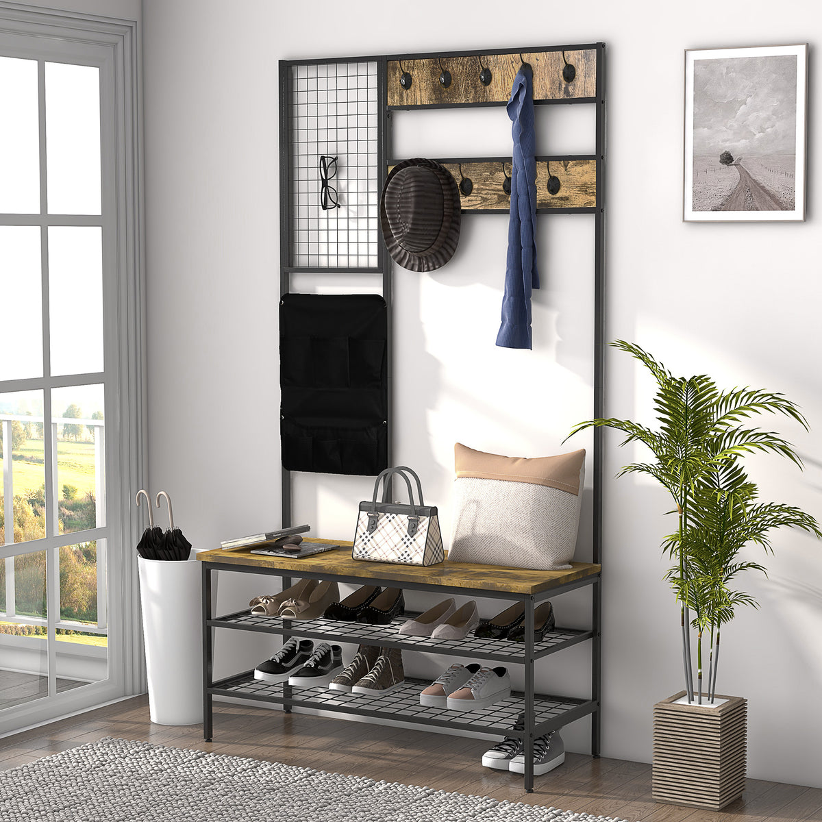 Coat rack in industrial design, 1 memo board, 1 shoe bench, 8 coat hooks, 1 storage bag, black + brown (2)