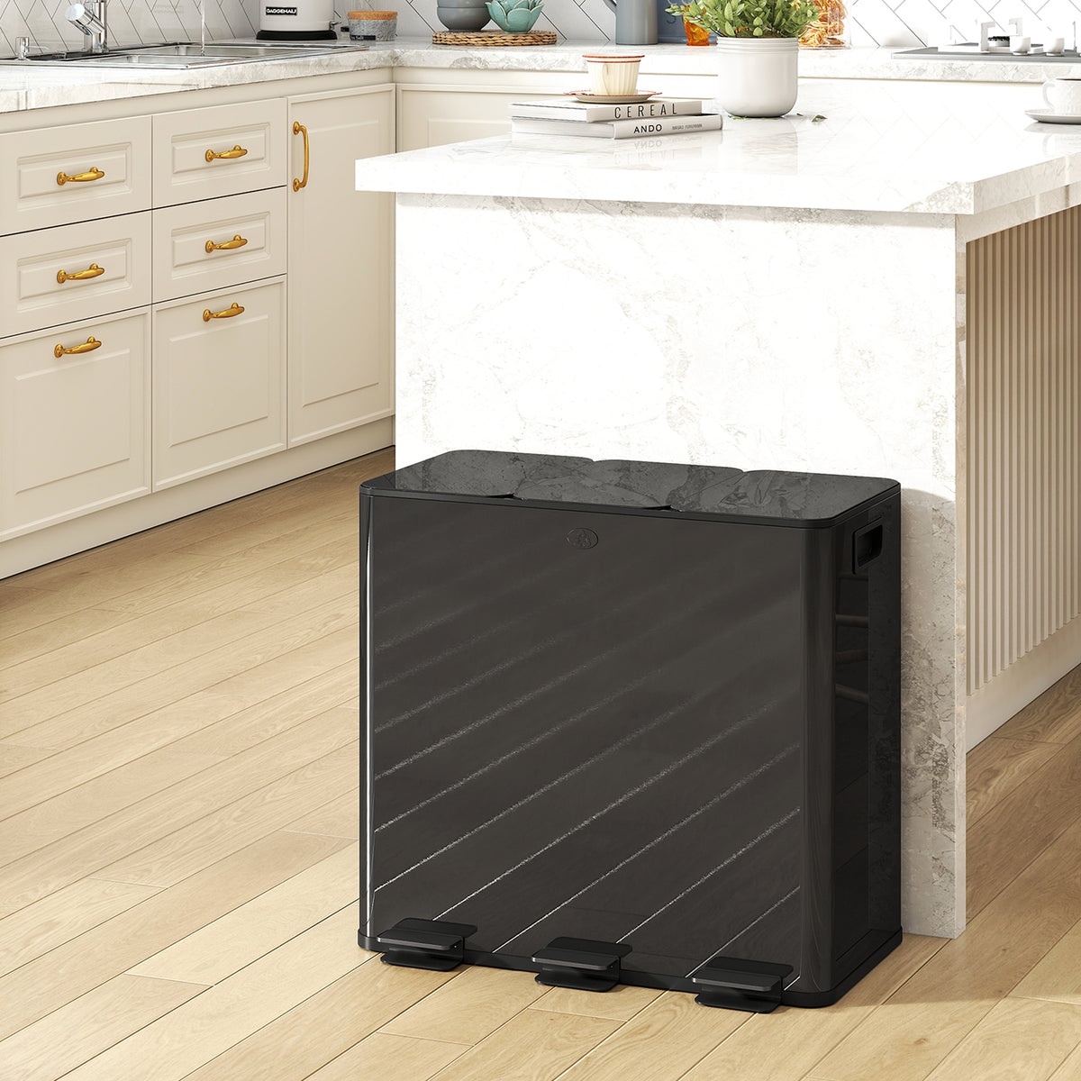Trash can with 3 x 20 L compartments, deodorizing lid, fingerprint-proof, soft-close, removable, black (2)
