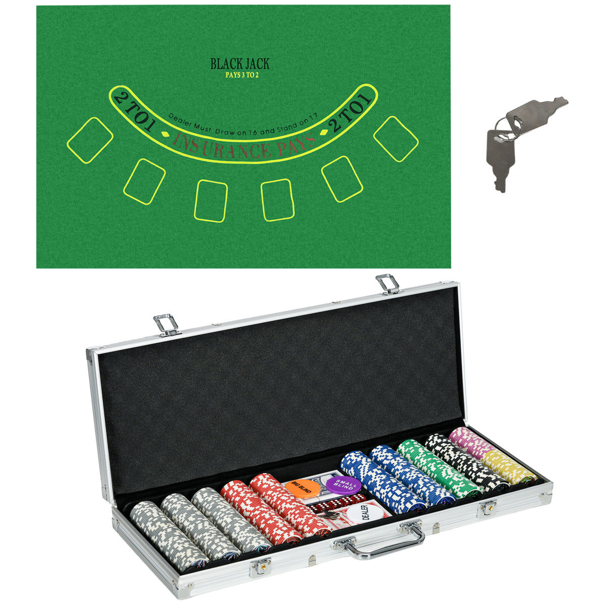 Casino accessories and chips poker set with chips, poker chip case, incl. mat, 500 chips, set for 9-10 players