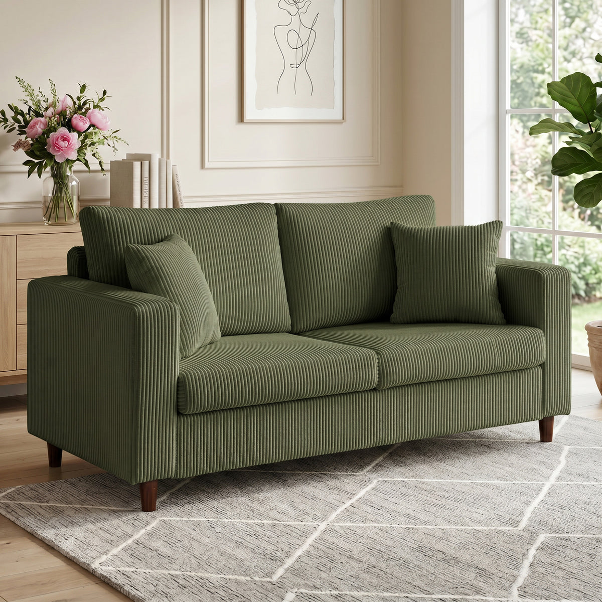 2-seater corduroy sofa with a wide, deep seat and spring core upholstery, green (2)