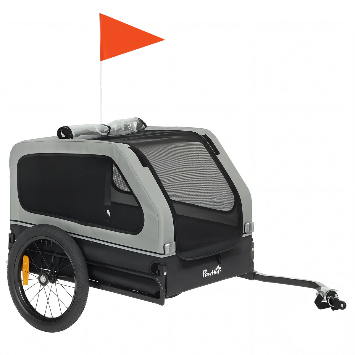 Foldable bicycle trailer for medium-sized dogs up to 20kg with fold-down ramp, reflectors, leash, flag, grey
