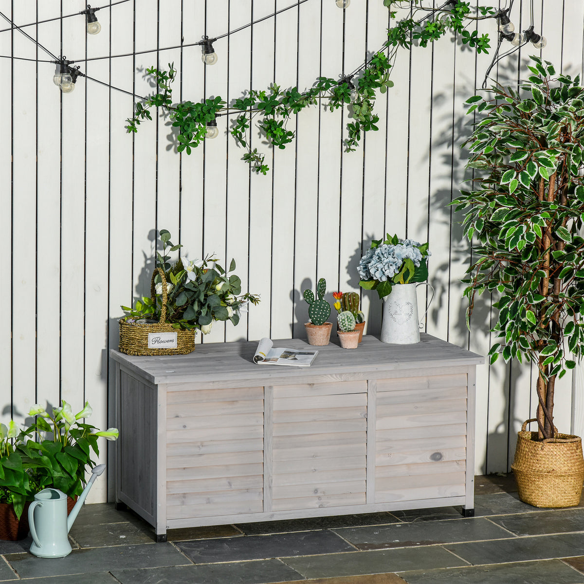 Garden box, weather-resistant, breathable, cushion box, storage box, spruce wood, grey, 127 x 56 x 60 cm (2)