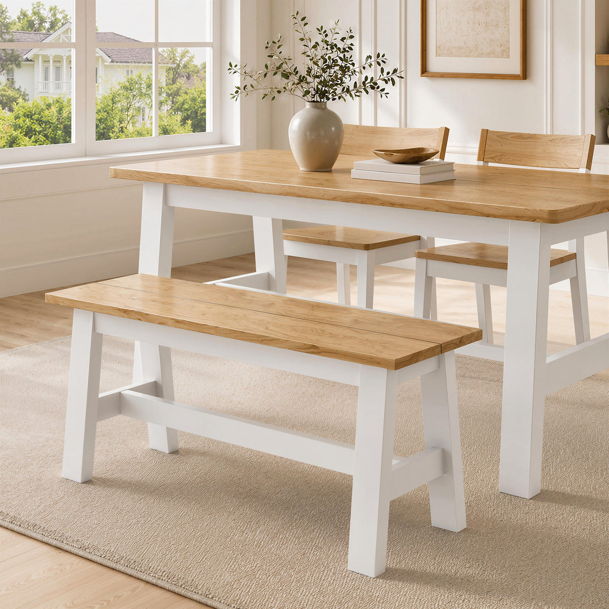2-seater bench, oak-look wooden bench, stabilizing crossbar, for living room, dining room, hallway, rubberwood (2)