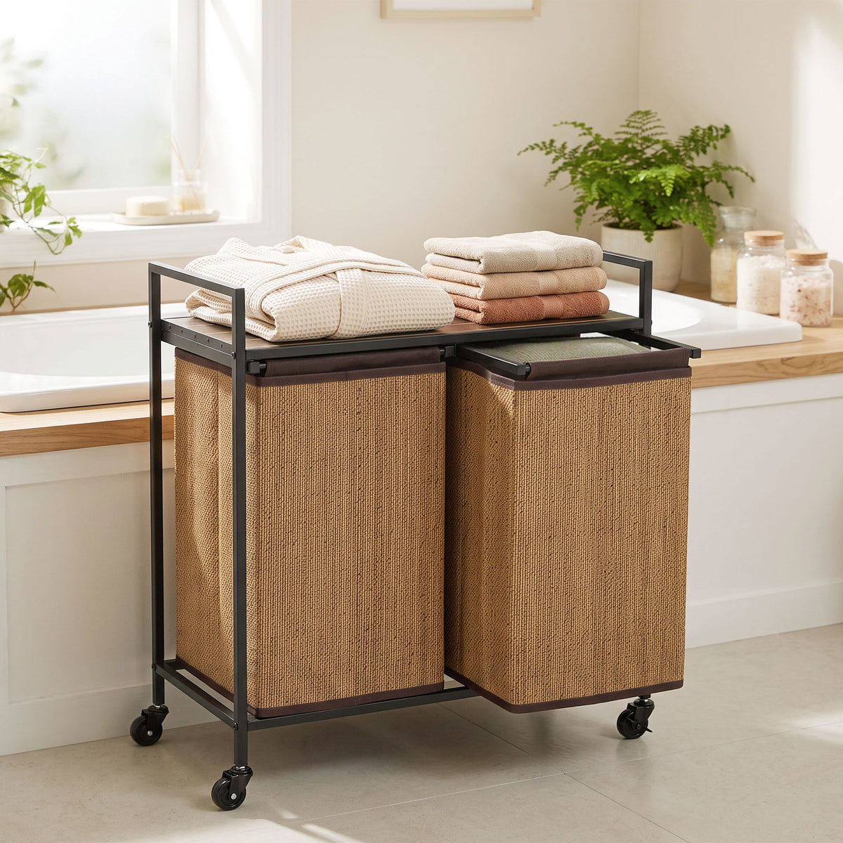 Bamboo Laundry Hamper, 2 Compartments, 120 L Laundry Sorter with Storage Shelf, Laundry Box Laundry Bag, Rolling (2)