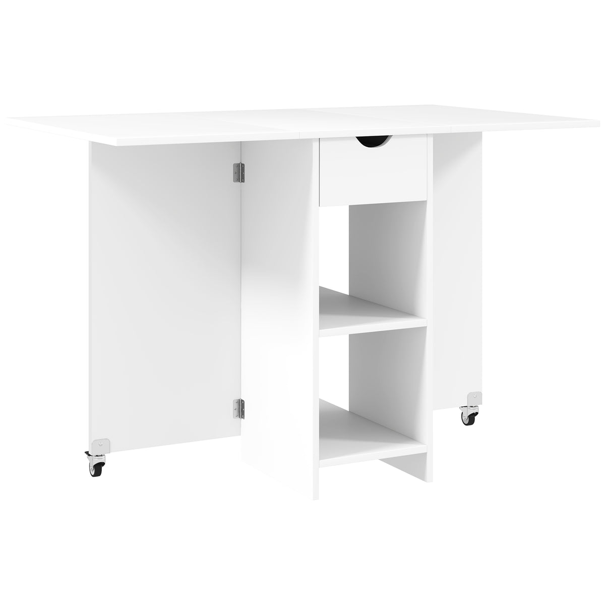Foldable dining table for 2-4 people, collapsible kitchen table with storage, extendable table on wheels, white