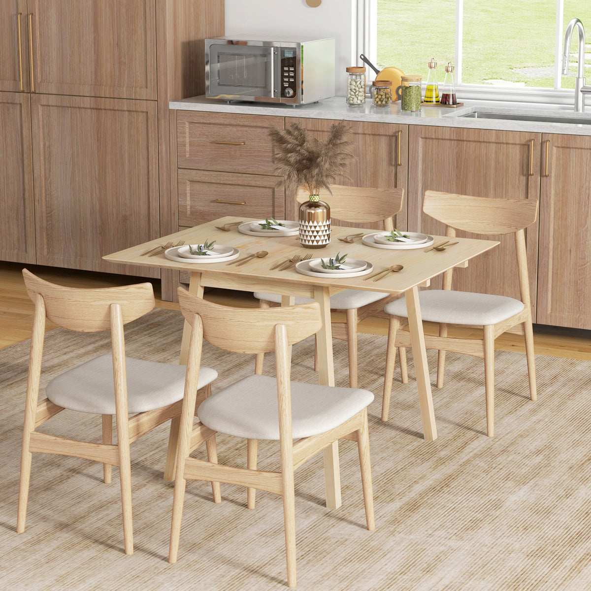 Dining table, folding table, kitchen table, 2 drop leaves, 110 x 86 x 75 cm, natural (2)