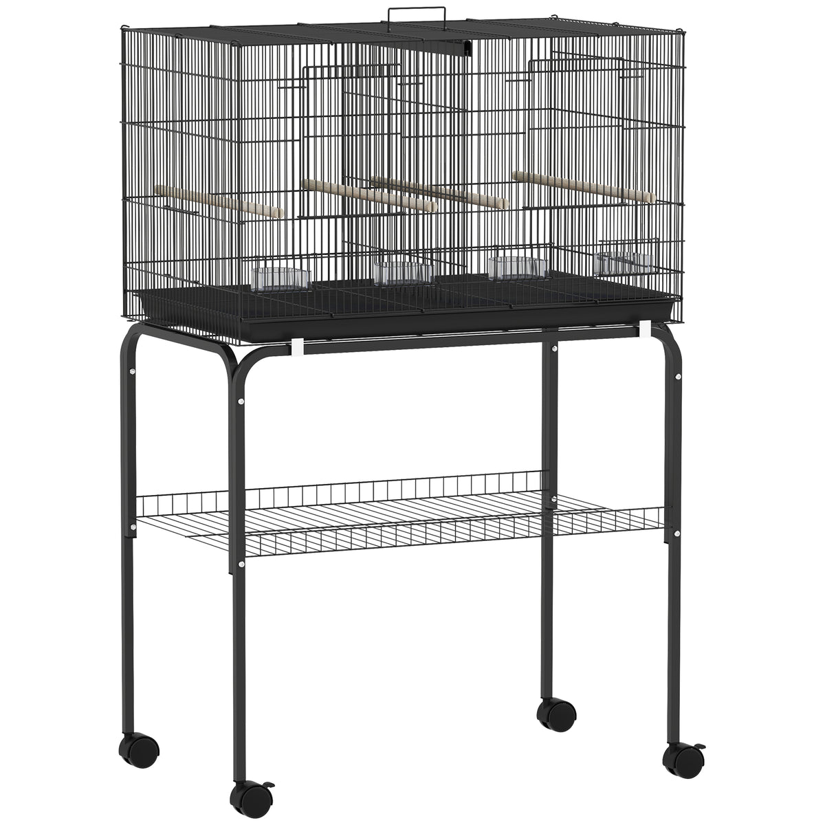 Bird cage, bird aviary with wheels, 2 doors, 4 perches, storage shelf, metal bird house 76x46x116cm, black