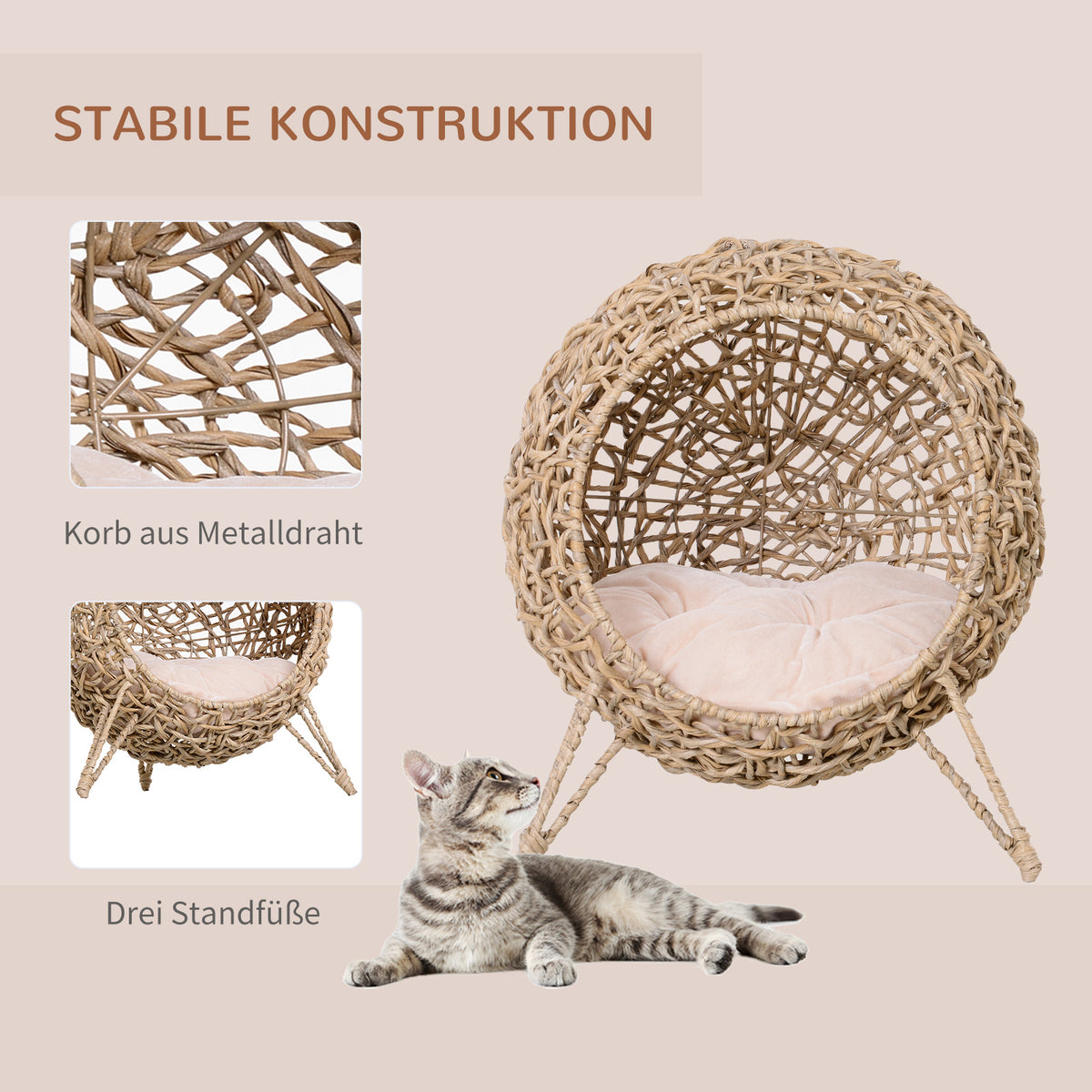 Rattan cat house with cushion, cat bed, cat cave with raised feet, natural, Ø52 x 58 cm (4)