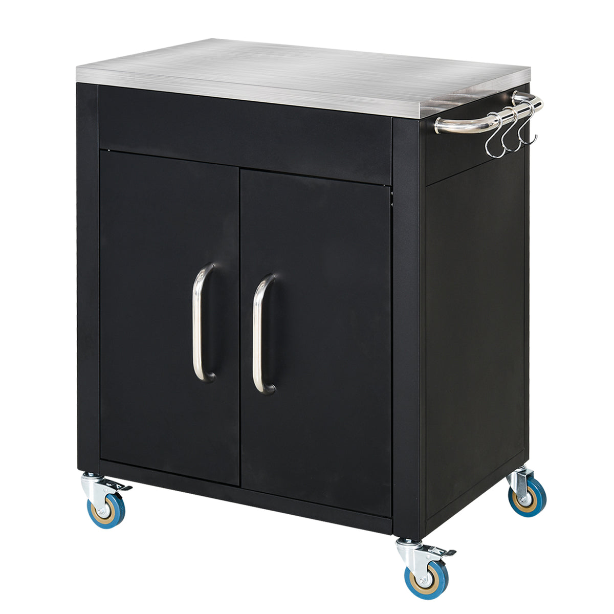 Kitchen cart with wheels, serving trolley, rolling cart with cabinet, hooks and stainless steel handles, kitchen